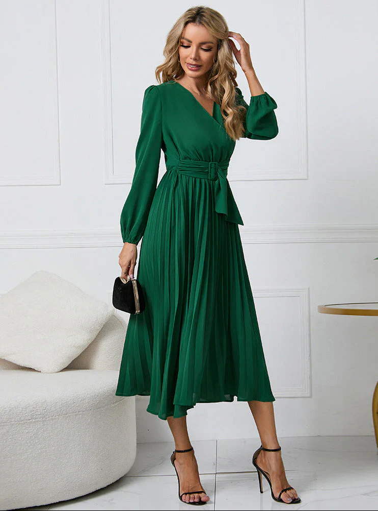 Vestido midi Mujer Plisado Manga Larga Cuello en V
