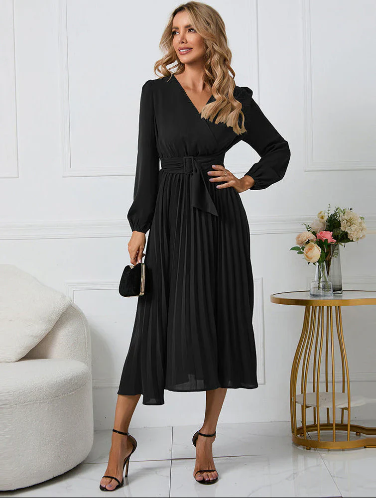 Vestido midi Mujer Plisado Manga Larga Cuello en V - Mavetta