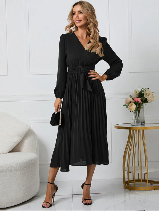 Vestido midi Mujer Plisado Manga Larga Cuello en V - Mavetta