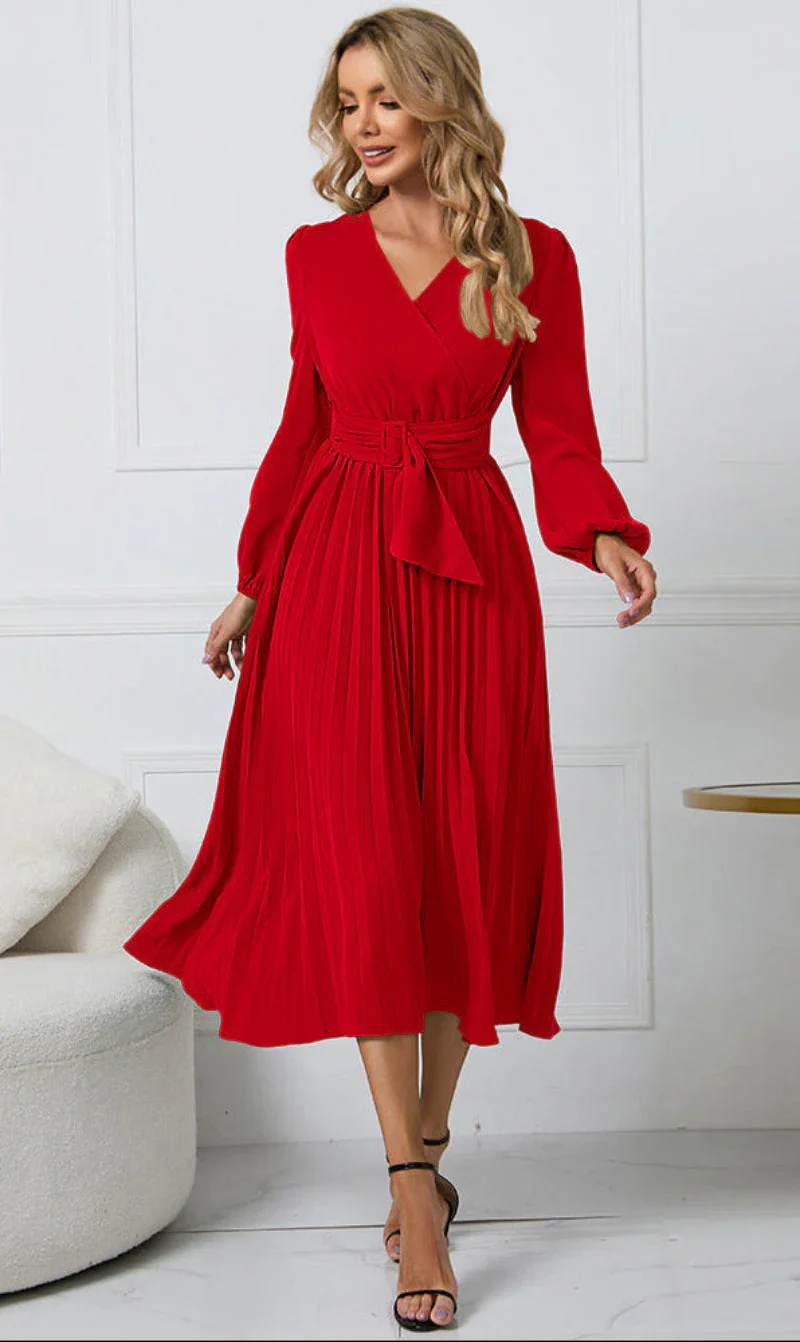 Vestido midi Mujer Plisado Manga Larga Cuello en V