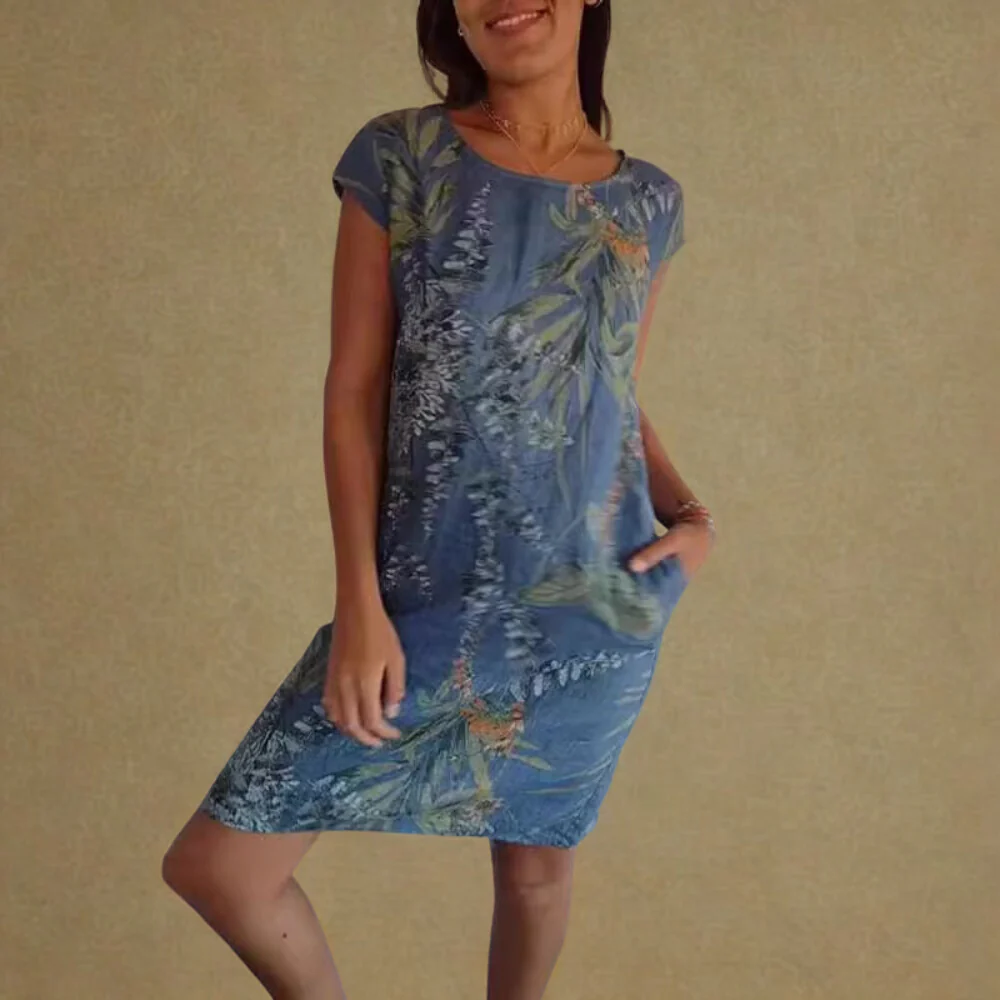 Vestido Midi Mujer Suelto Bolsillos Manga Corta