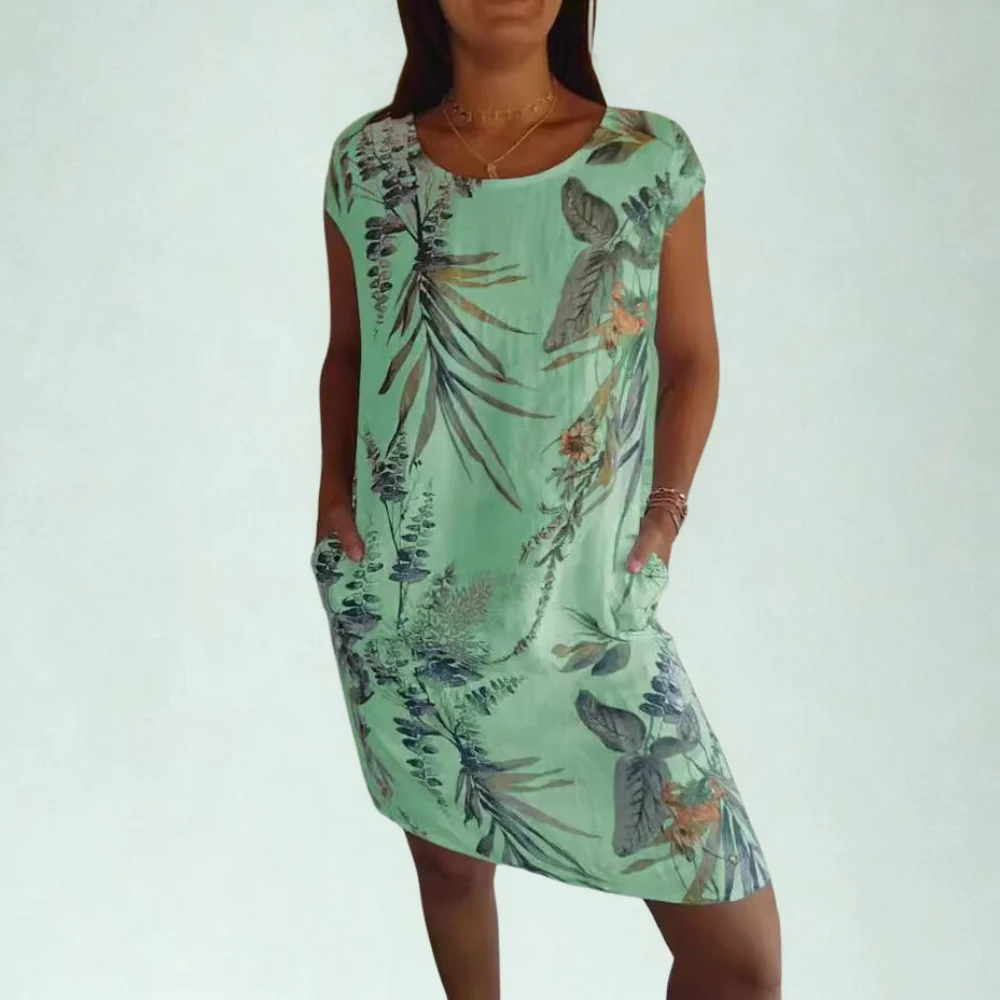 Vestido Midi Mujer Suelto Bolsillos Manga Corta