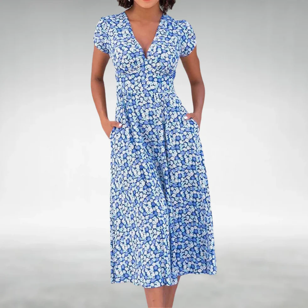 Vestido midi mujer con estampado floral cuello en V bolsillos