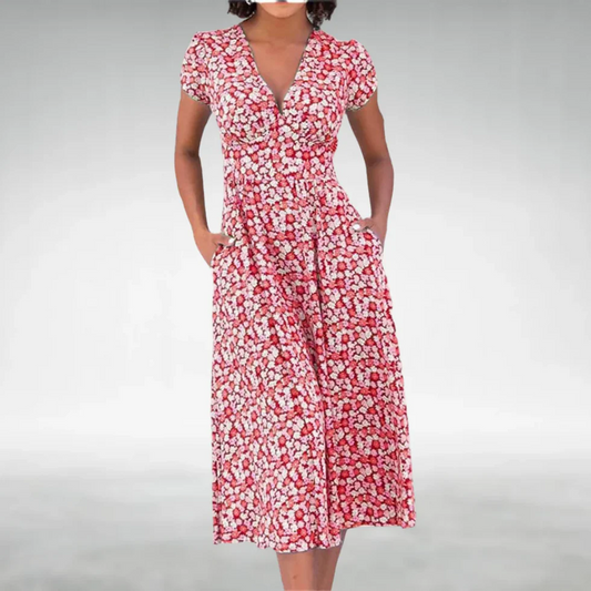 Vestido midi mujer con estampado floral cuello en V bolsillos - Mavetta