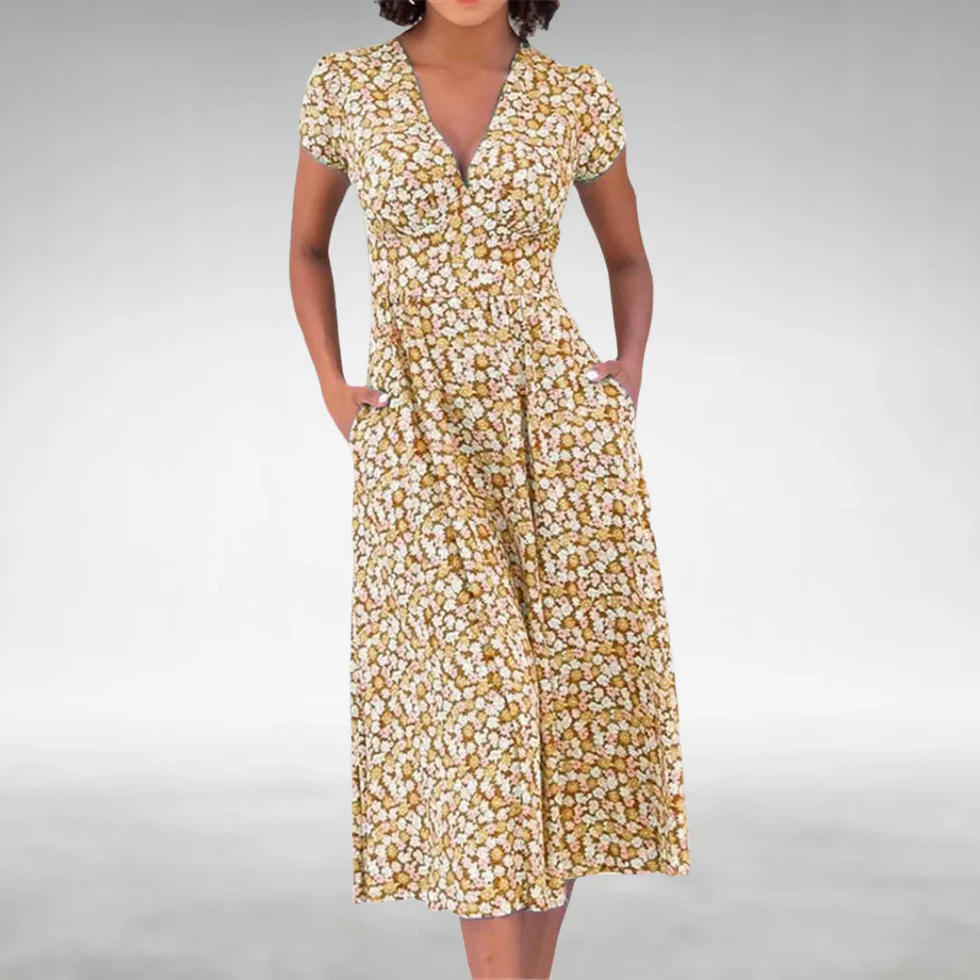 Vestido midi mujer con estampado floral cuello en V bolsillos