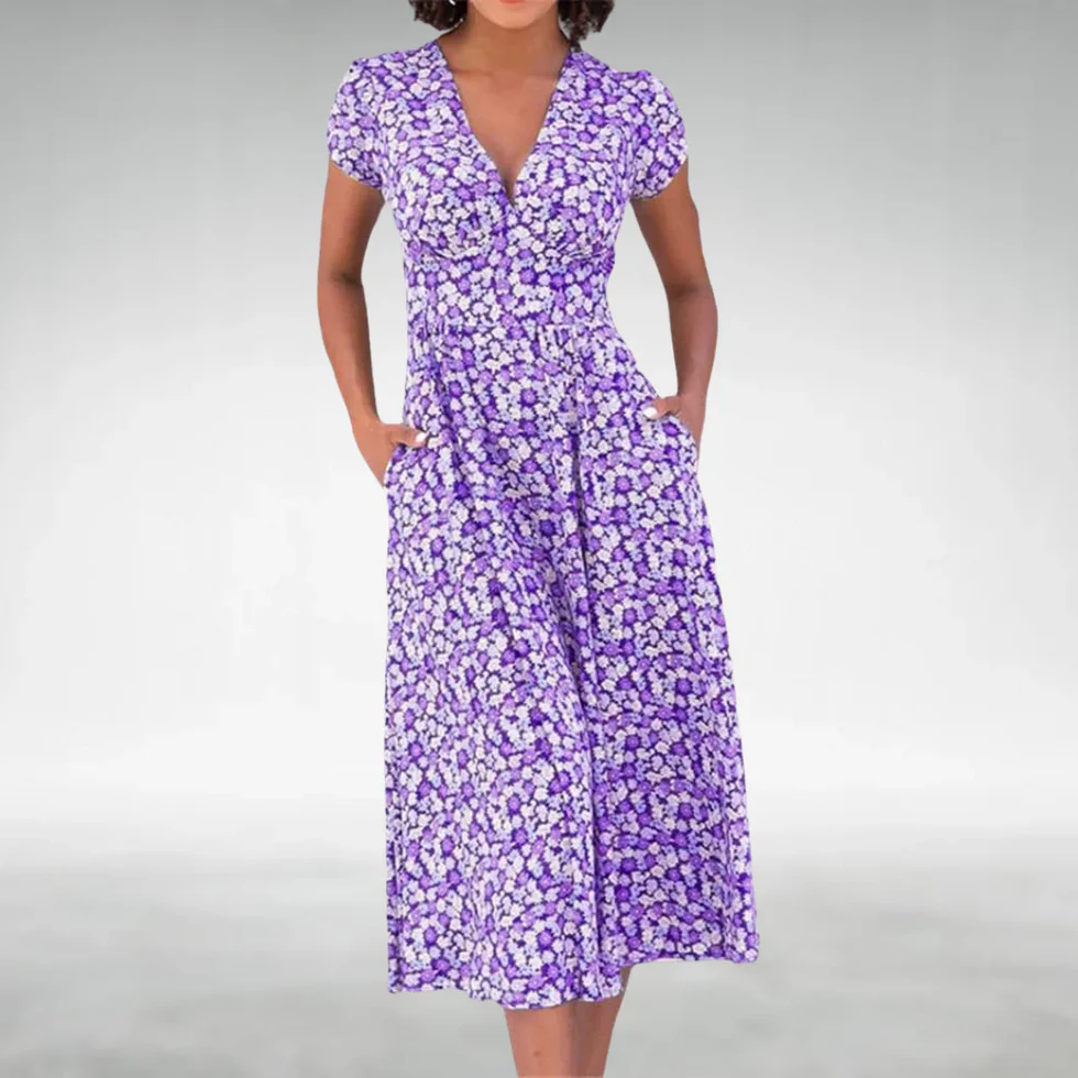 Vestido midi mujer con estampado floral cuello en V bolsillos