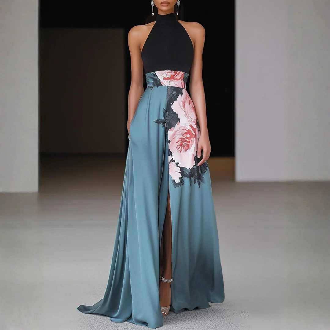 Vestido Maxi Mujer Patchwork Halter Abertura - Mavetta