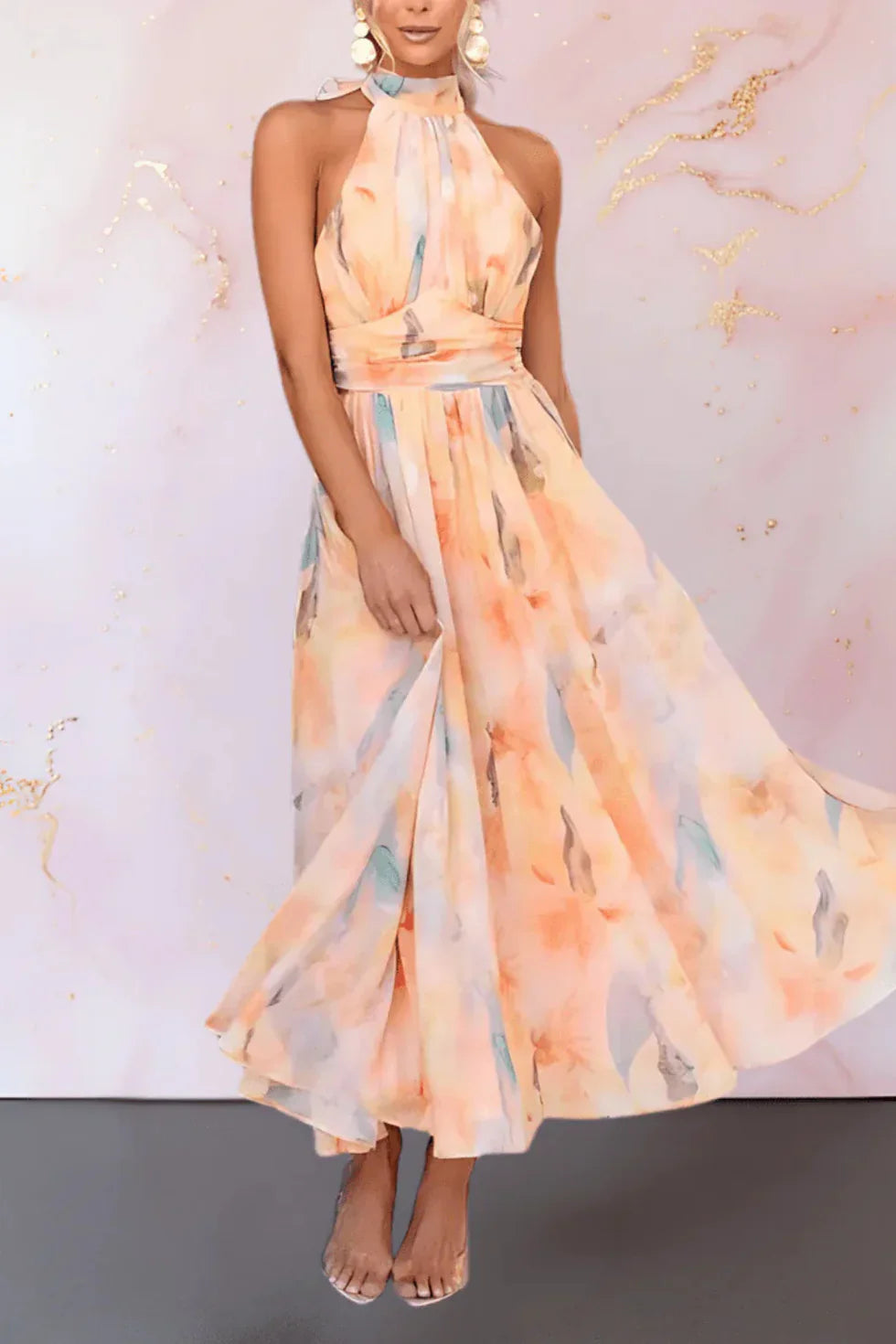 Vestido maxi mujer cuello halter estampado