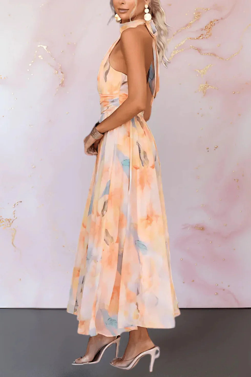 Vestido maxi mujer cuello halter estampado