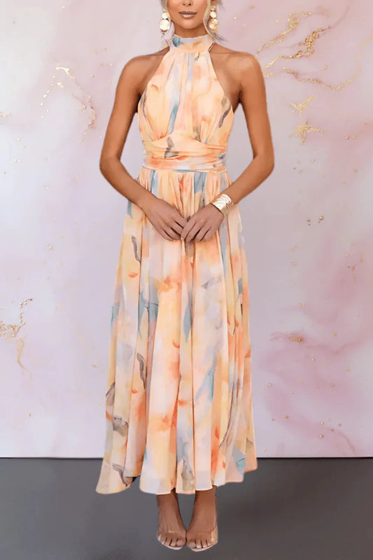 Vestido maxi mujer cuello halter estampado - Mavetta