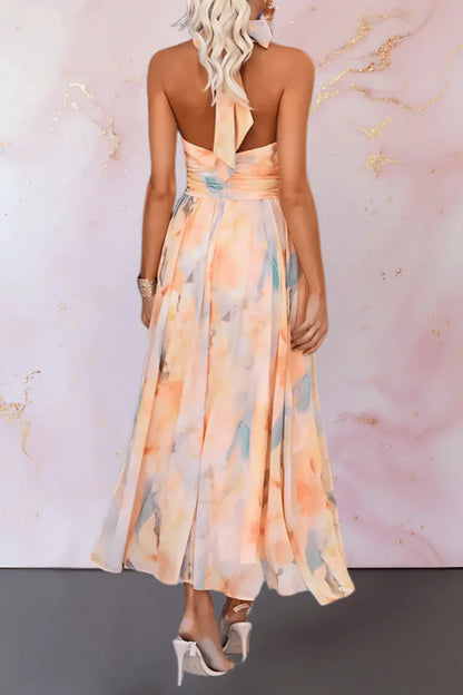 Vestido maxi mujer cuello halter estampado