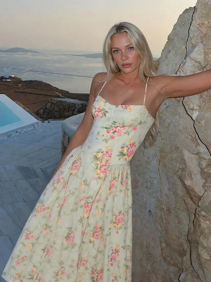 Vestido midi Mujer de Tela Floral Cuello Cuadrado