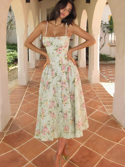 Vestido midi Mujer de Tela Floral Cuello Cuadrado