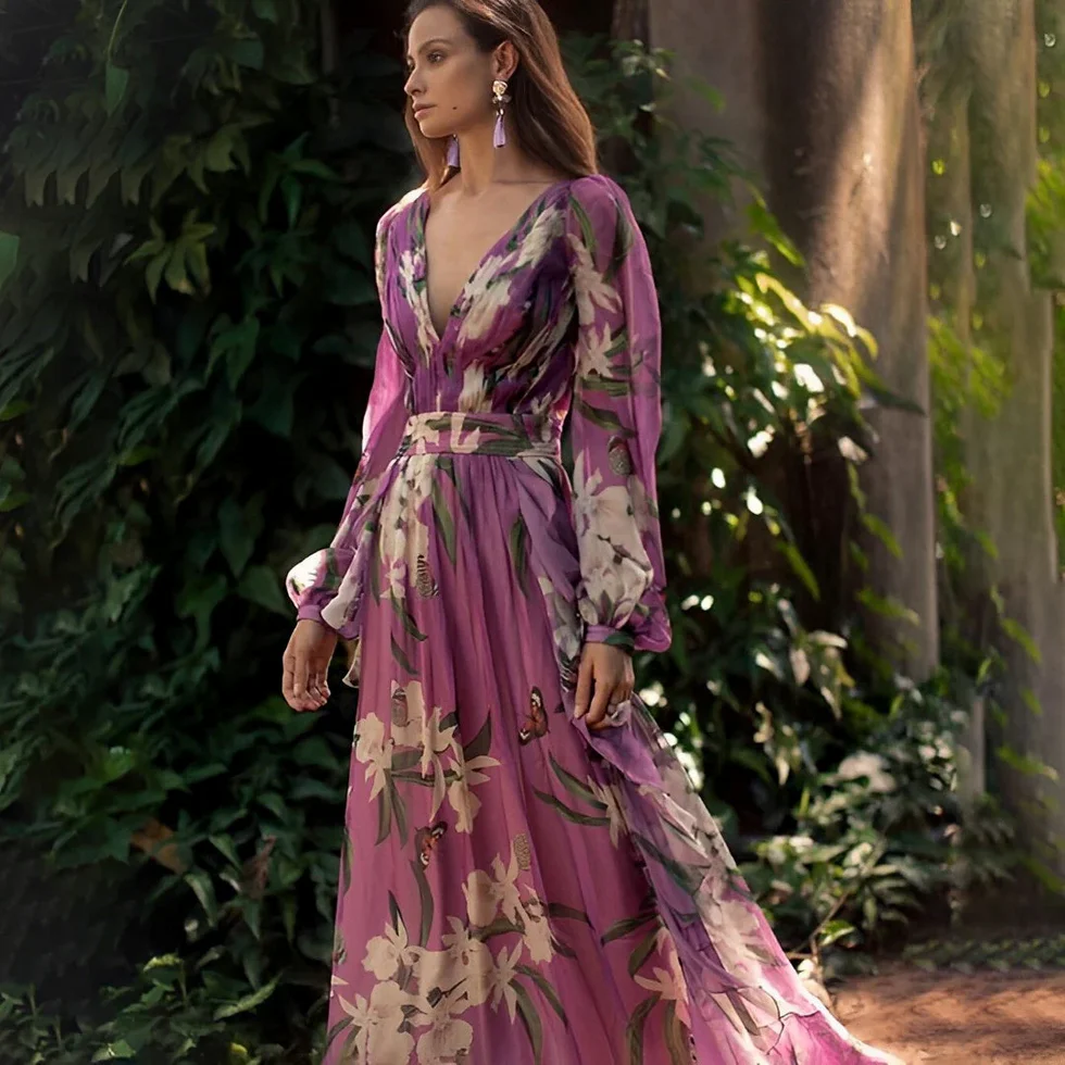 Vestido maxi Mujer Estampado Floral Cuello en V Manga Larga - Mavetta