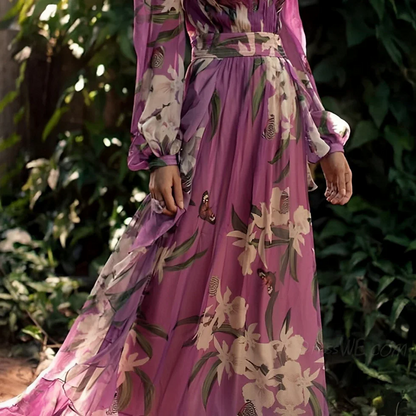 Vestido maxi Mujer Estampado Floral Cuello en V Manga Larga