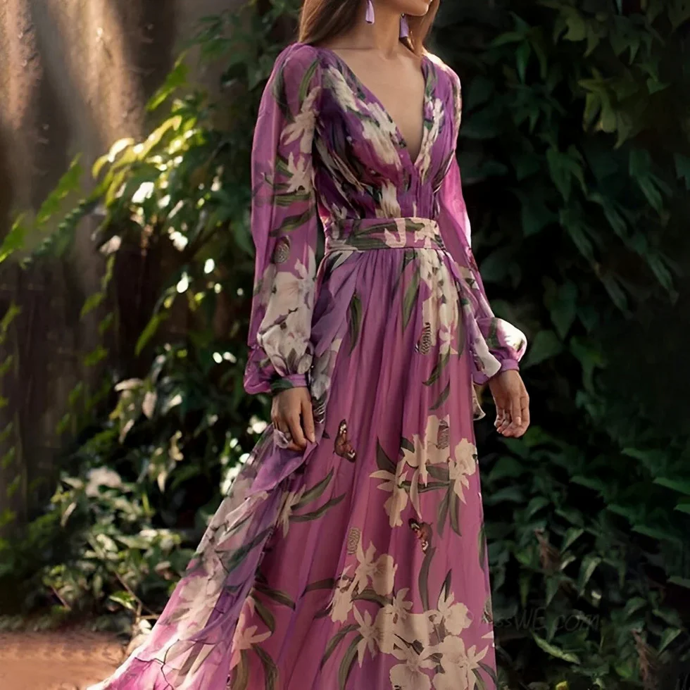 Vestido maxi Mujer Estampado Floral Cuello en V Manga Larga