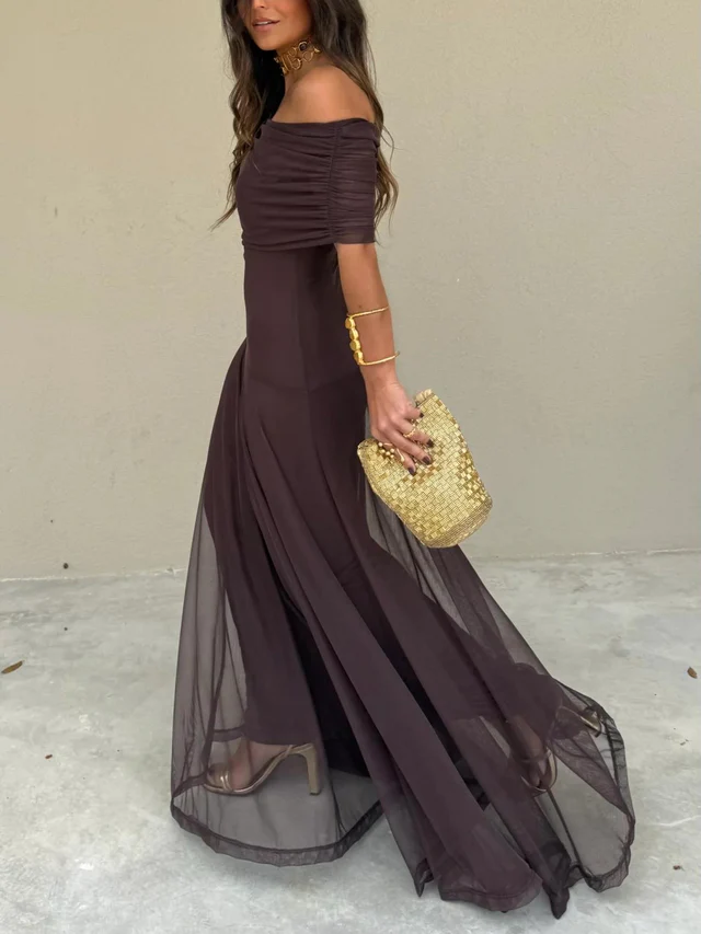 Vestido maxi Mujer de Malla Plisada Hombros Caídos