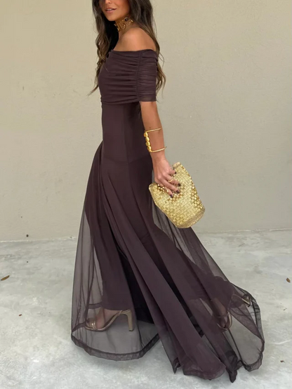 Vestido maxi Mujer de Malla Plisada Hombros Caídos