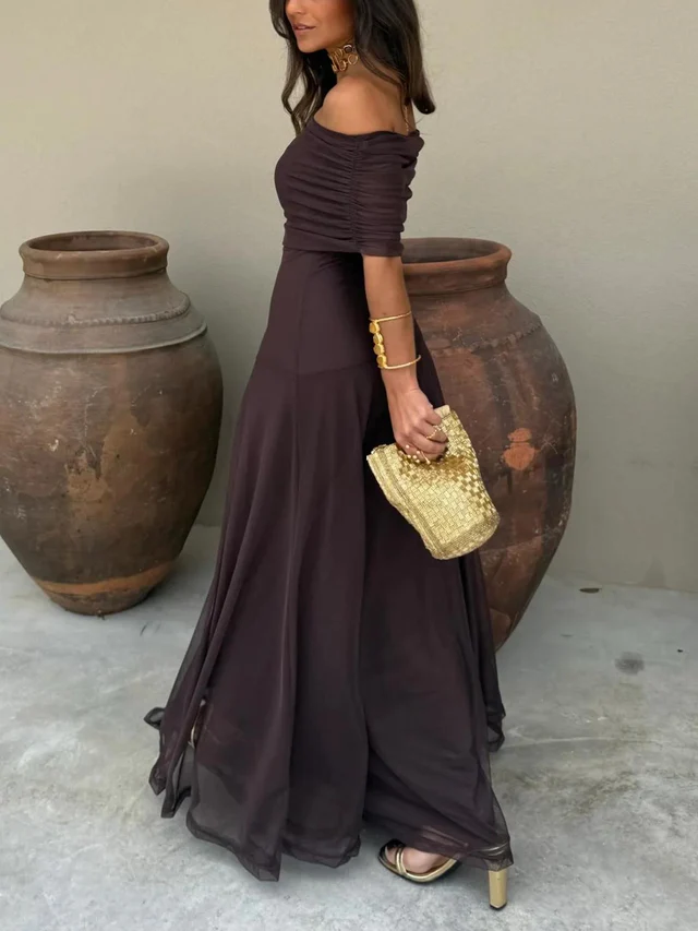 Vestido maxi Mujer de Malla Plisada Hombros Caídos - Mavetta