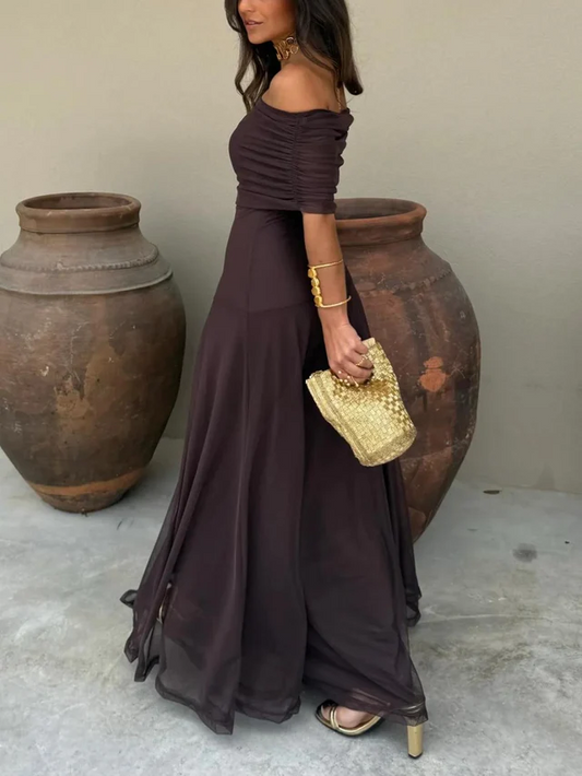 Vestido maxi Mujer de Malla Plisada Hombros Caídos - Mavetta