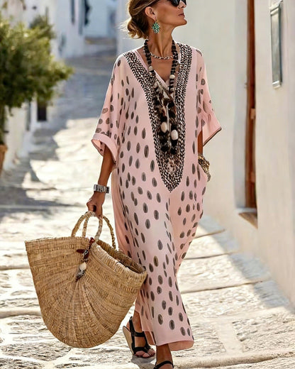 Vestido Maxi Mujer de Algodón Cuello en V Bordado Étnico
