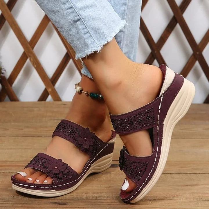 Sandalias Mujer con Cuña y Tiras Florales Transpirables