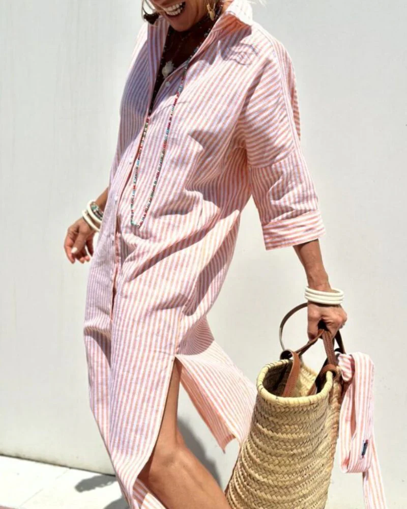 Vestido midi mujer de rayas con botones delanteros