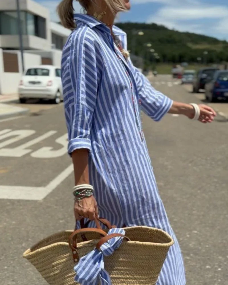Vestido midi mujer de rayas con botones delanteros