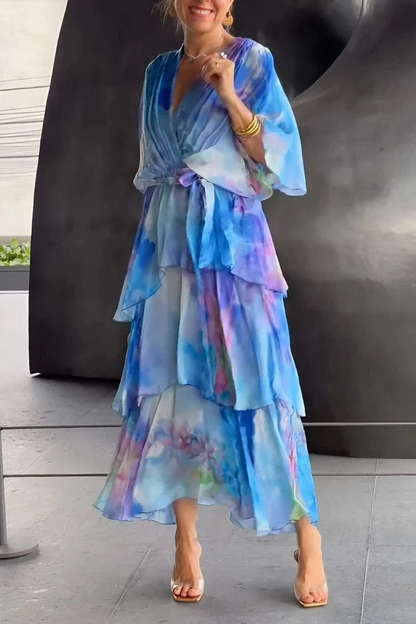 Vestido midi mujer de chiffon con capas