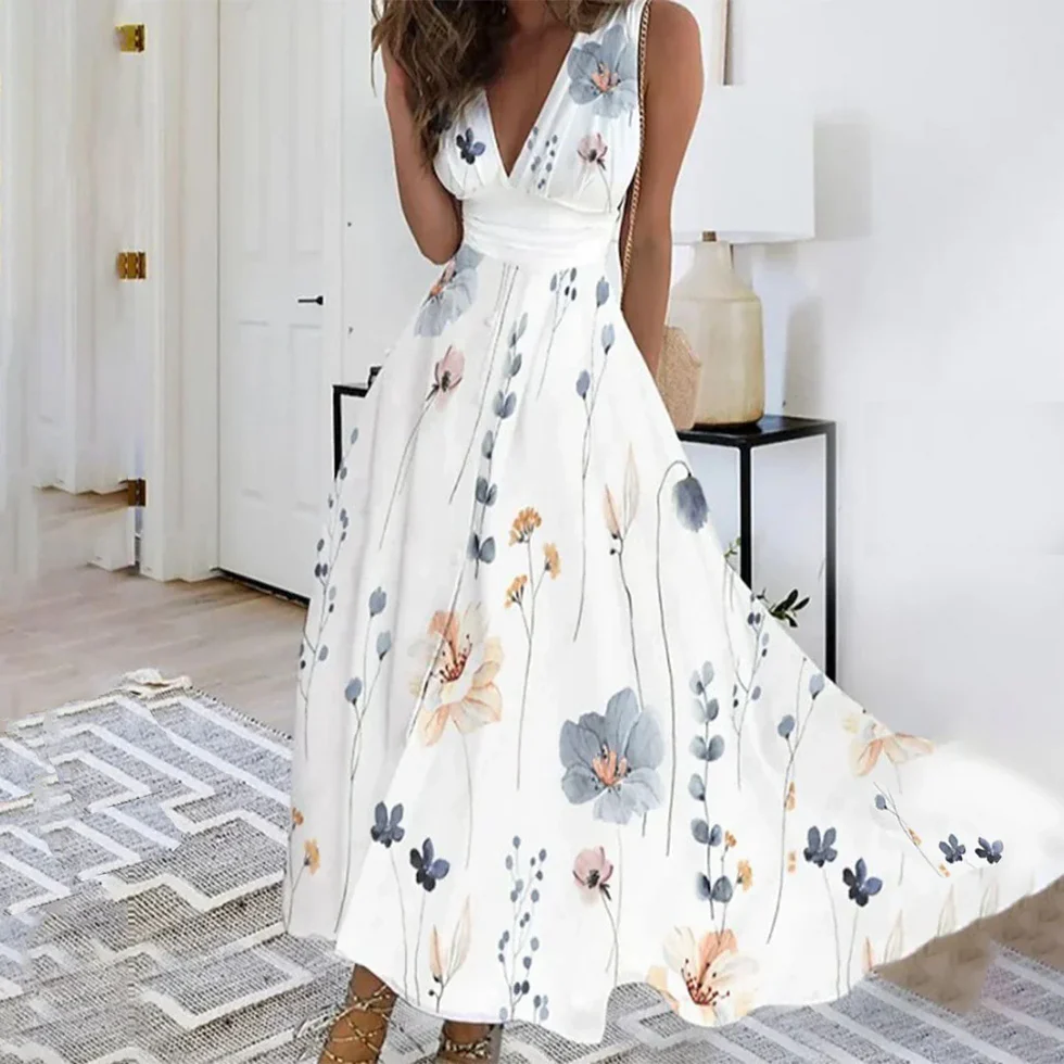 Vestido largo mujer floral cuello en V sin mangas - Mavetta