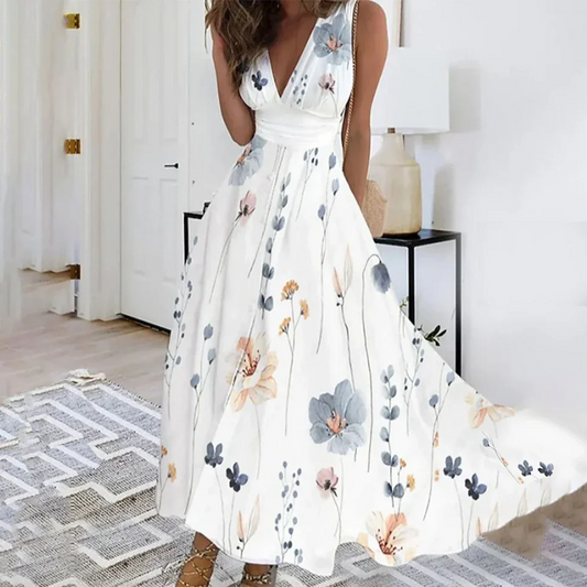 Vestido largo mujer floral cuello en V sin mangas - Mavetta