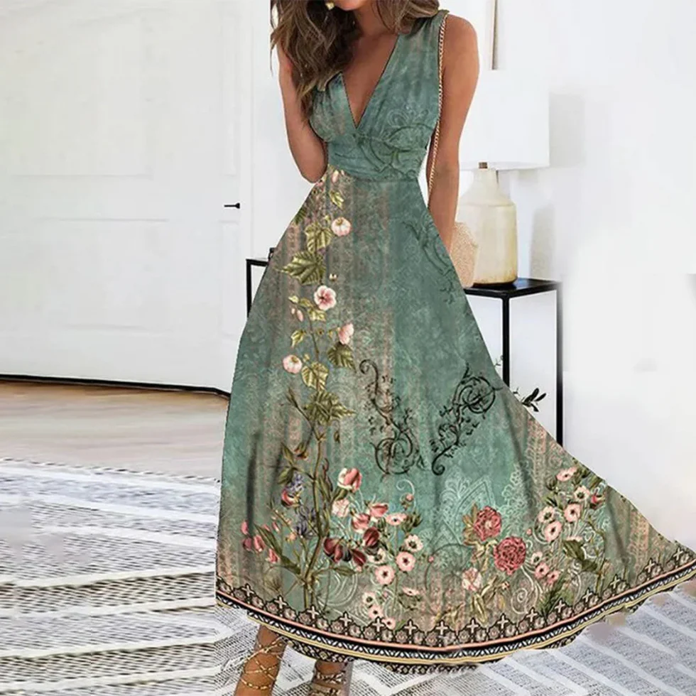 Vestido largo mujer floral cuello en V sin mangas