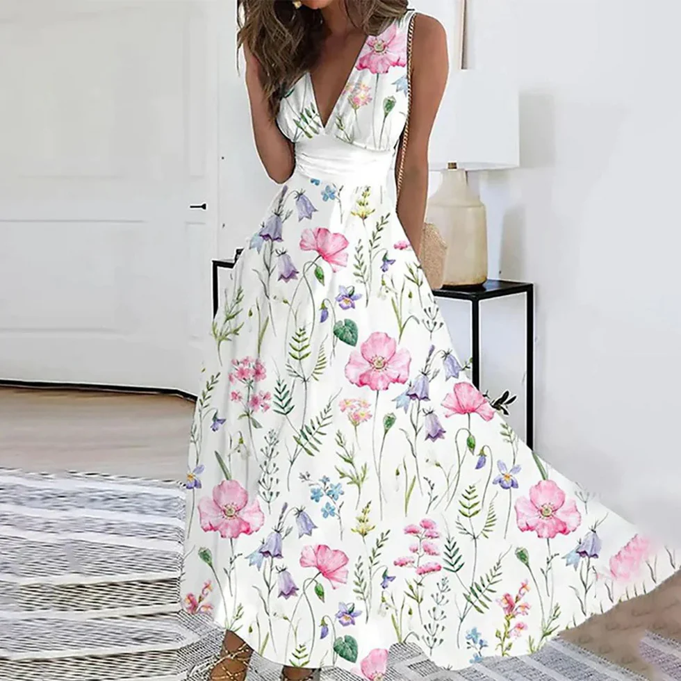 Vestido largo mujer floral cuello en V sin mangas