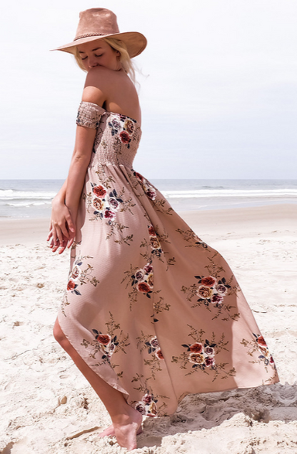 Vestido Largo Mujer Estampado Floral Hombros Descubiertos Bohemio
