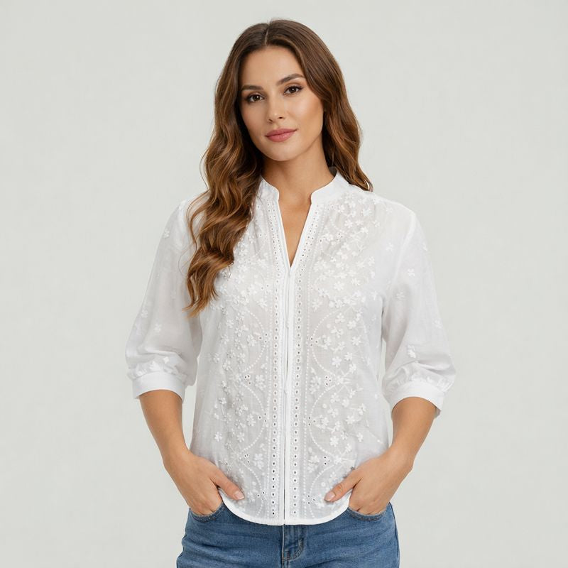 Blusa Mujer Bordada Cuello en V Ajuste Regular - Mavetta