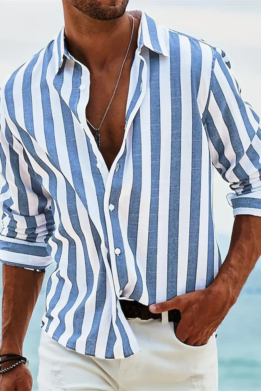 Camisa Casual Hombre de Lino Rayada Ajuste Regular