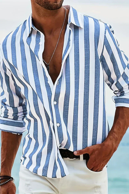 Camisa Casual Hombre de Lino Rayada Ajuste Regular