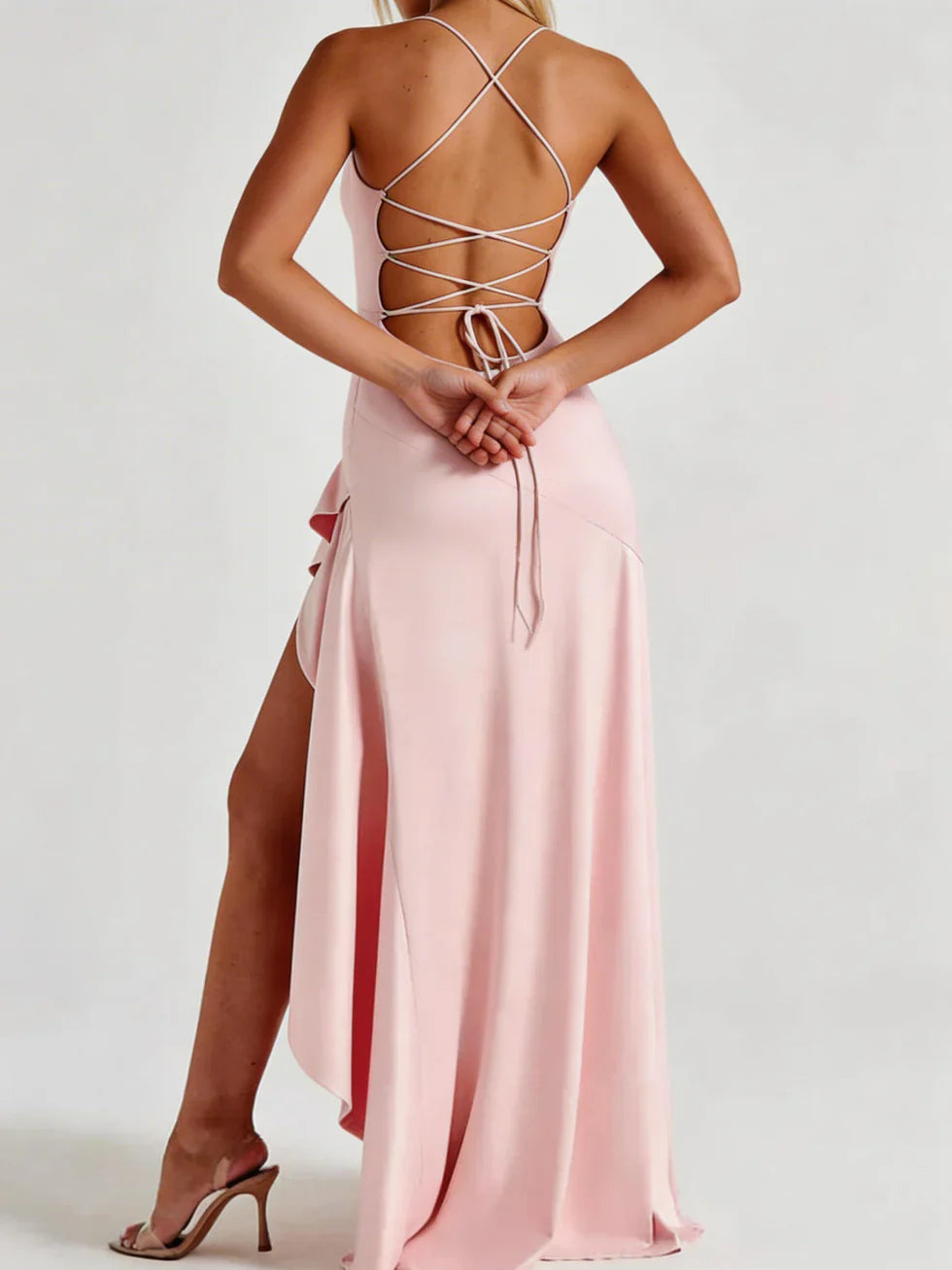 Vestido maxi Mujer de Satén con Tirantes y Abertura