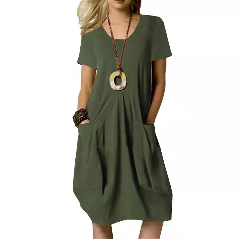 Vestido mujer casual Algodón mangas cortas suelto bolsillos