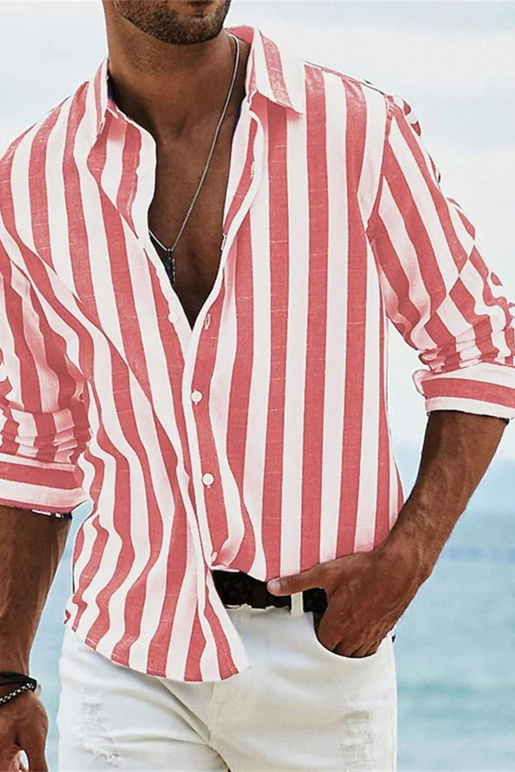 Camisa Casual Hombre de Lino Rayada Ajuste Regular