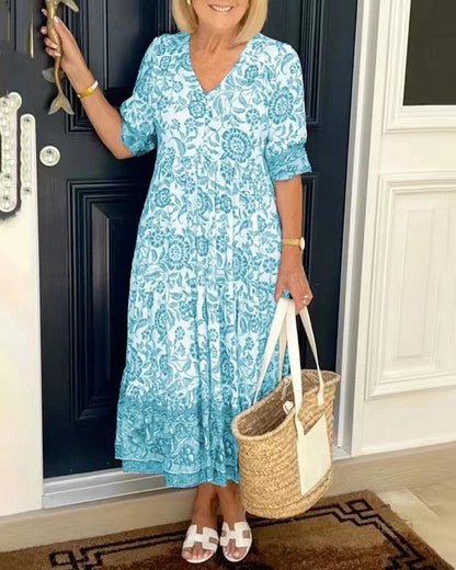 Vestido Mujer Floral Cuello en V Elegante