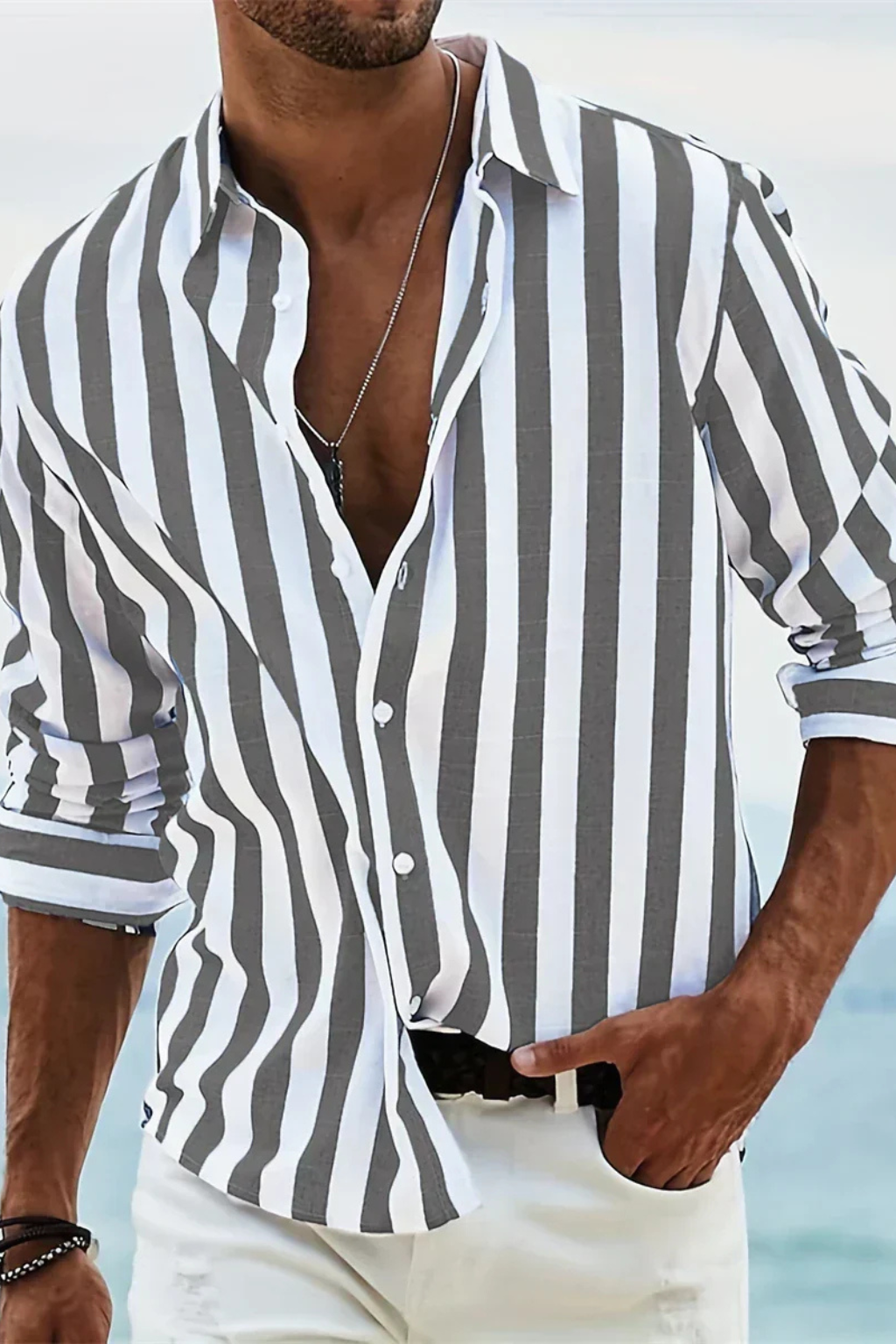 Camisa Casual Hombre de Lino Rayada Ajuste Regular