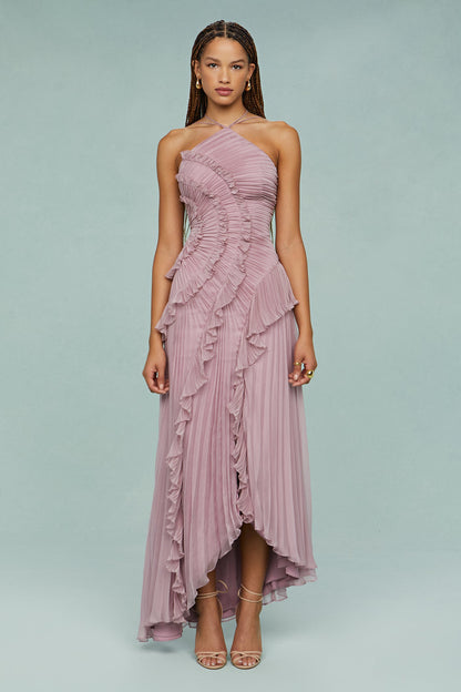 Vestido Maxi Mujer Plisado Volantes Corte Asimétrico
