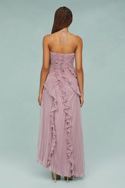 Vestido Maxi Mujer Plisado Volantes Corte Asimétrico
