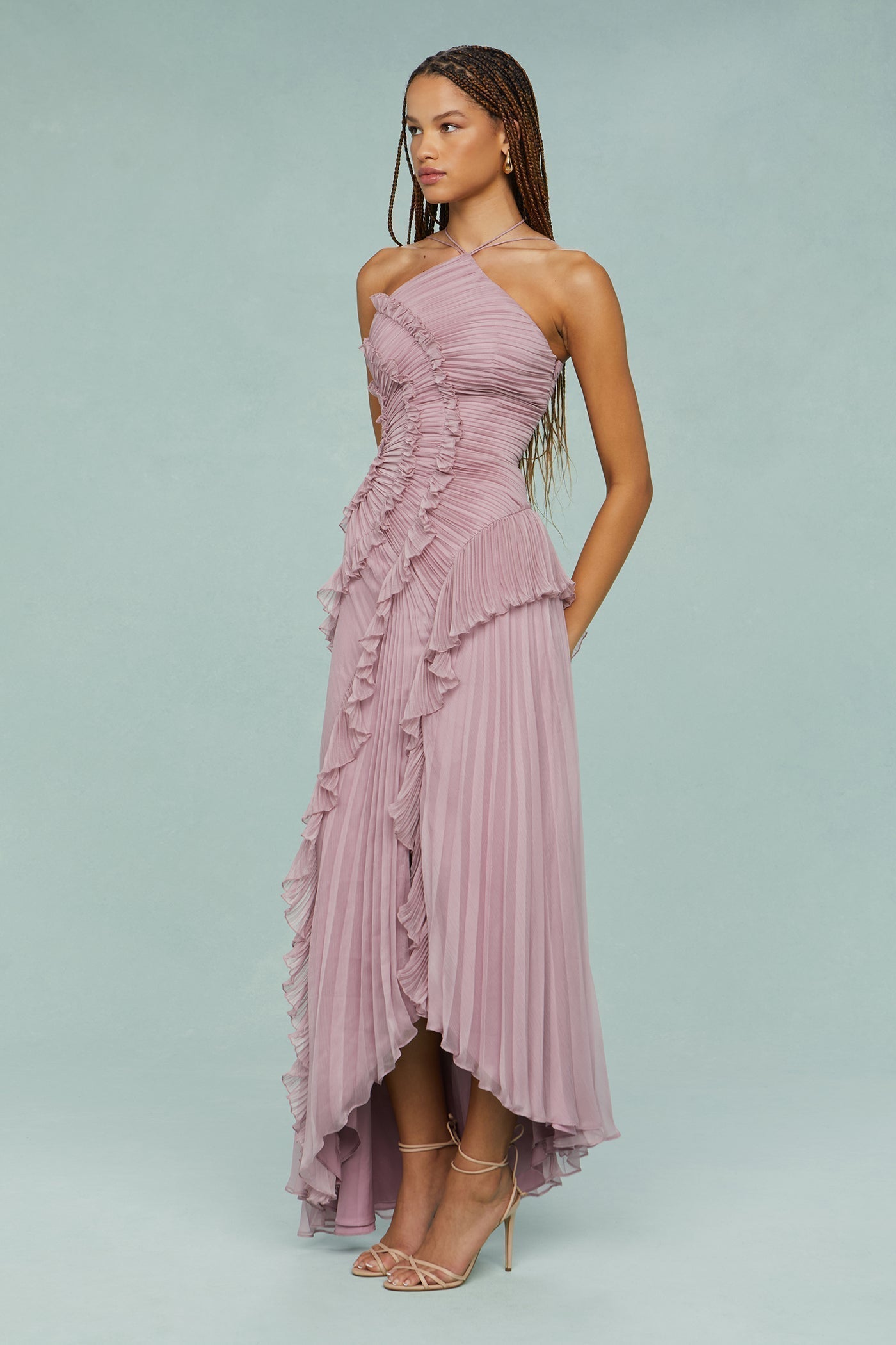Vestido Maxi Mujer Plisado Volantes Corte Asimétrico