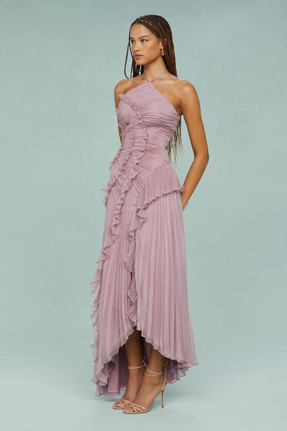 Vestido Maxi Mujer Plisado Volantes Corte Asimétrico