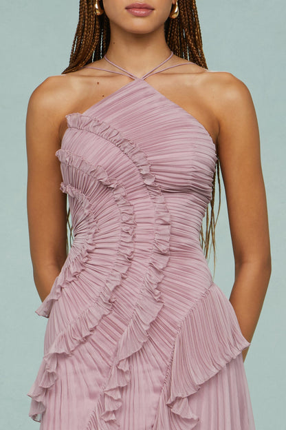 Vestido Maxi Mujer Plisado Volantes Corte Asimétrico