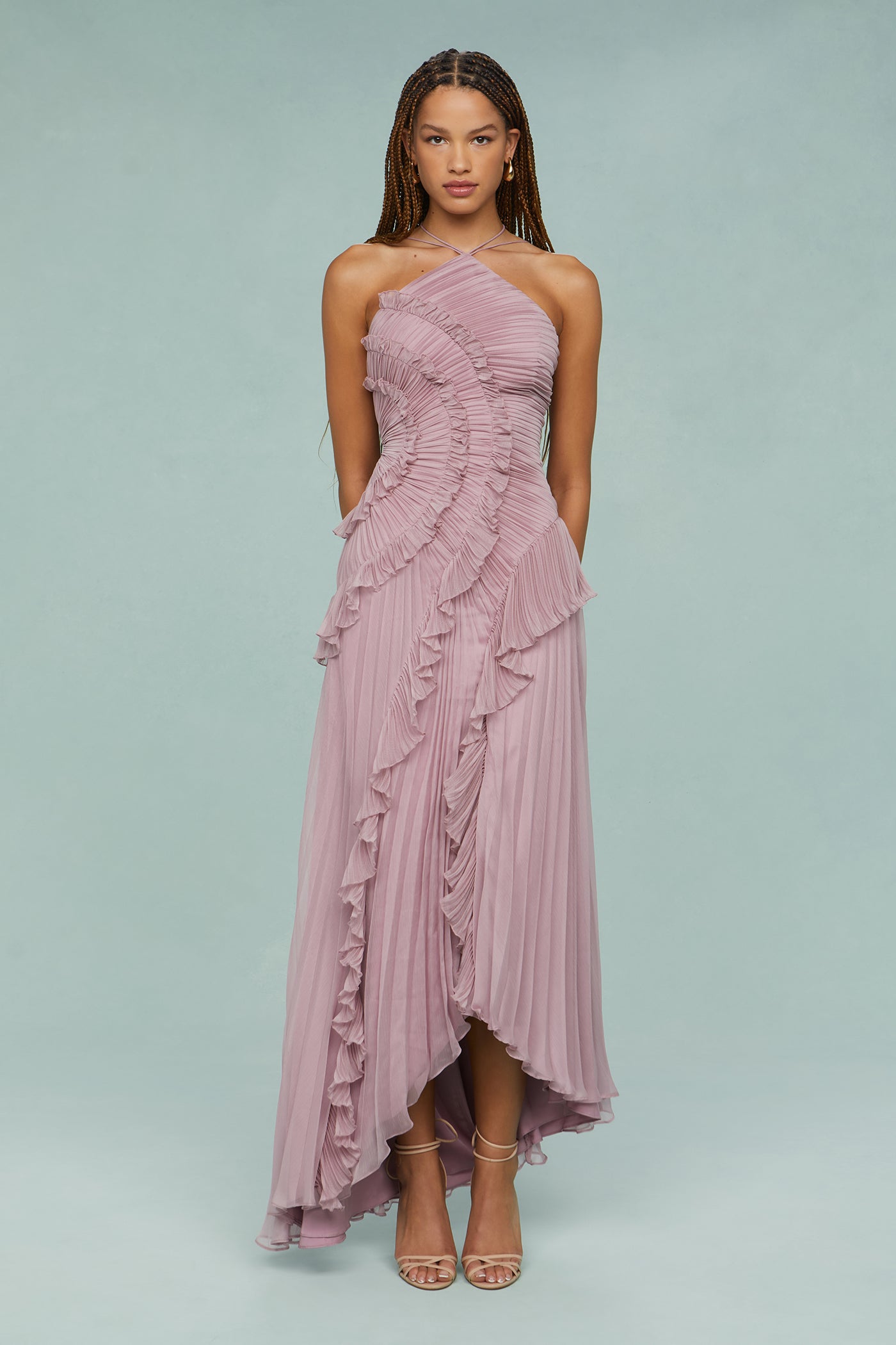 Vestido Maxi Mujer Plisado Volantes Corte Asimétrico