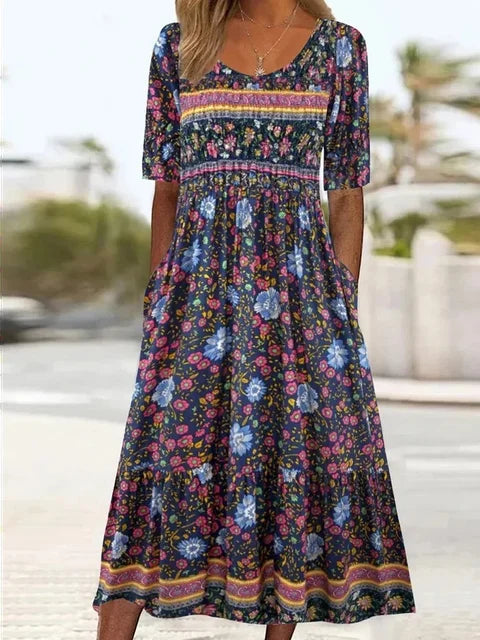 Vestido midi mujer estilo bohemio escote cuadrado mangas cortas