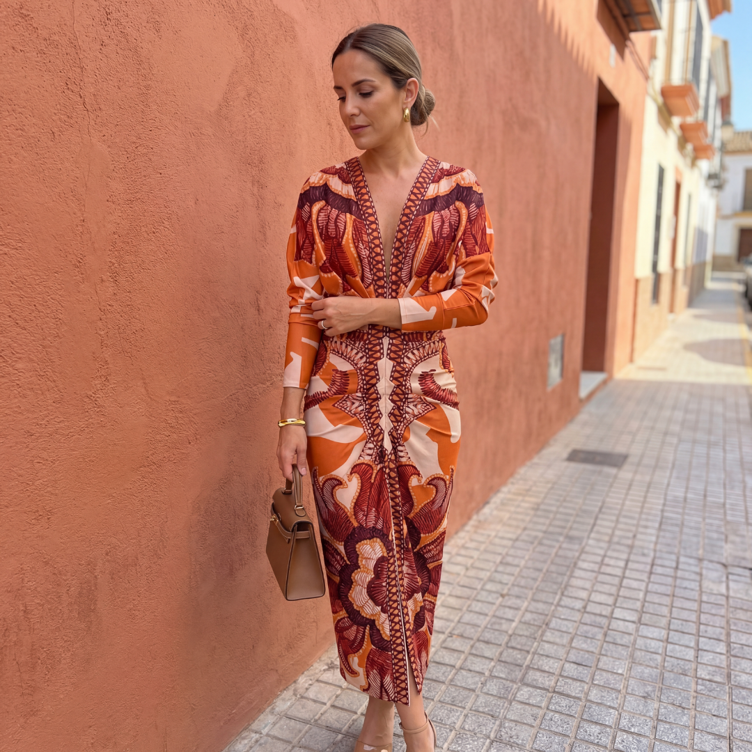 Vestido midi mujer cruzado fluido escote en V